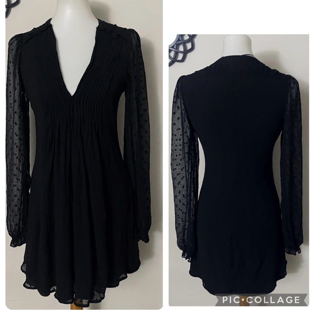 Zara Black Polka Dot V-Neck Sheer Long-Sleeve Dress Minimalist Chic Party